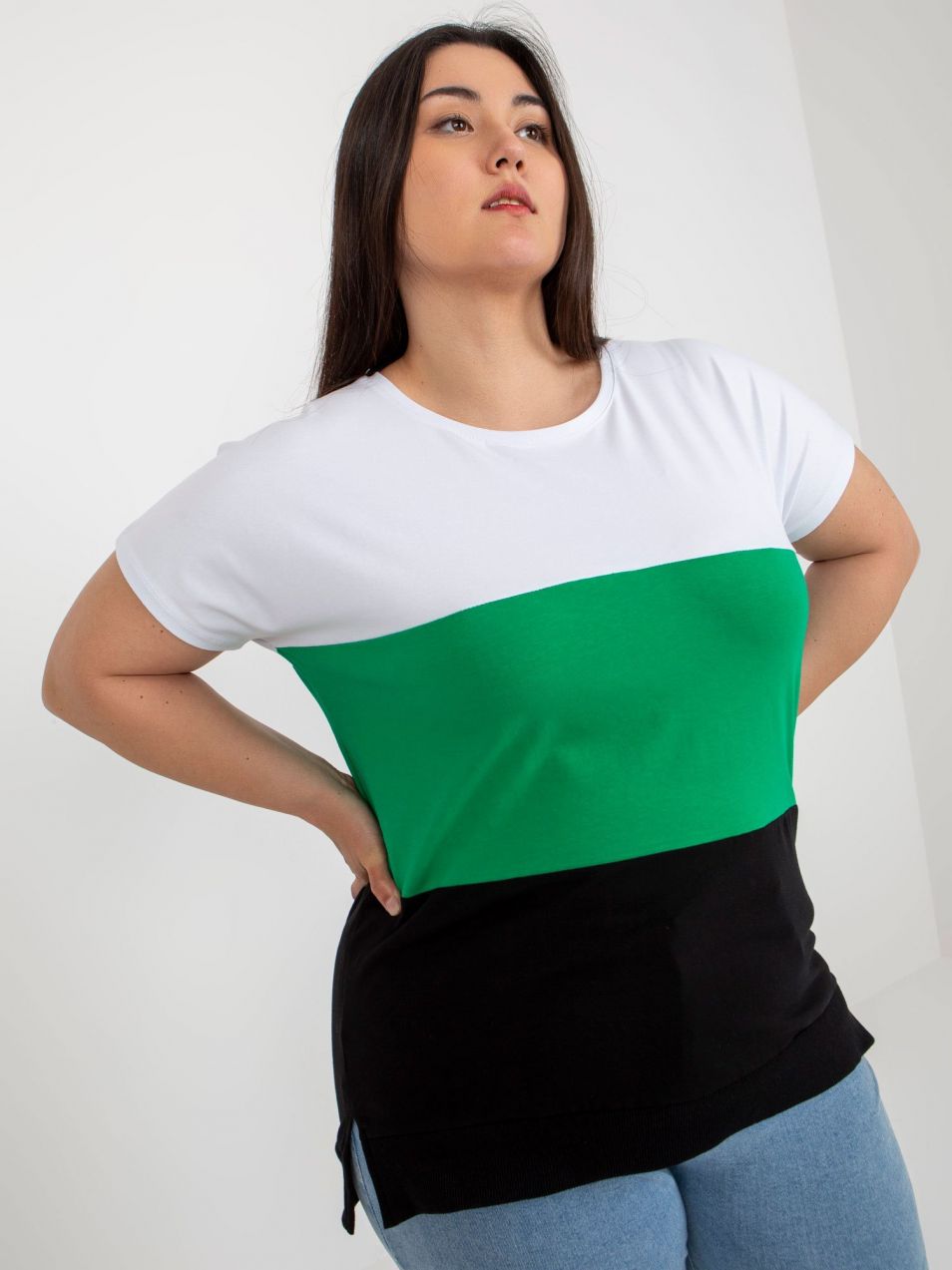White and green women's striped blouse plus size