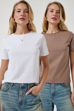 Happiness İstanbul Women's White Mink Crew Neck 2-Pack Basic Knitted T-Shirt