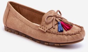 Suede Moccasins With Bow And Fringe Dark Beige Dorine