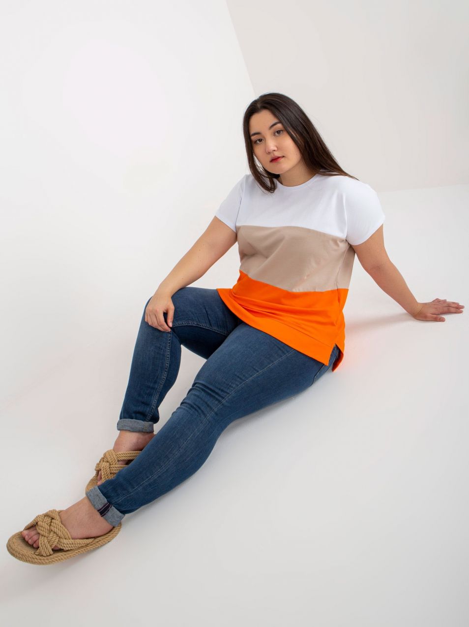 White-orange striped blouse plus size