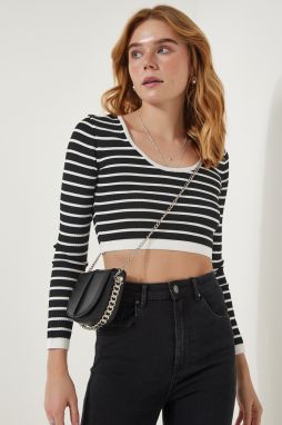 Happiness İstanbul Women's Black Striped Ribbed Crop Knitwear Blouse