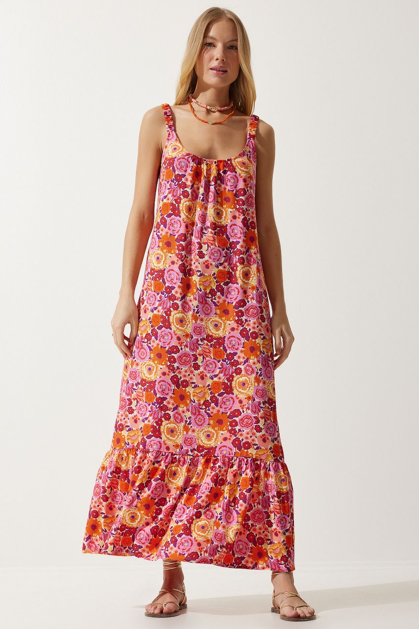 Happiness İstanbul Women's Orange Elastic Strap Patterned Long Knitted Dress