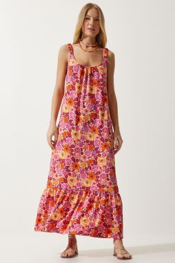 Happiness İstanbul Women's Orange Elastic Strap Patterned Long Knitted Dress