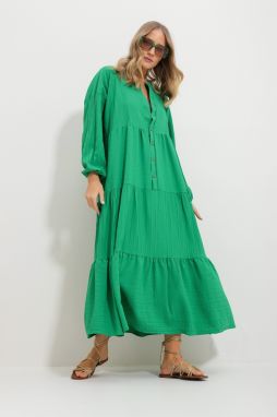 Trend Alaçatı Stili Women's Green Crew Neck Self Textured Maxi Length Dress