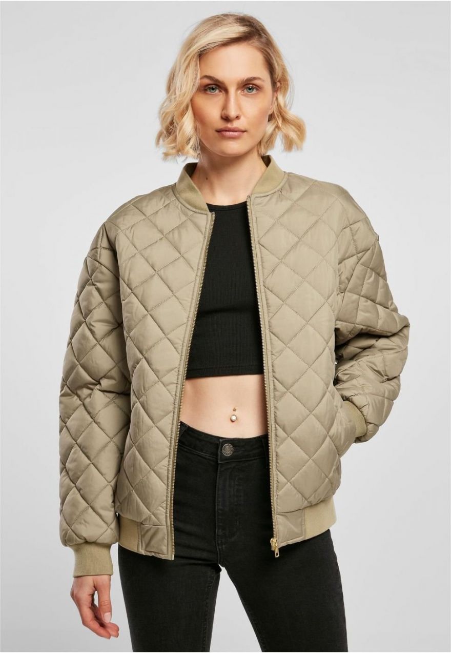 Women's Oversized Diamond Quilted Bomber Jacket Khaki