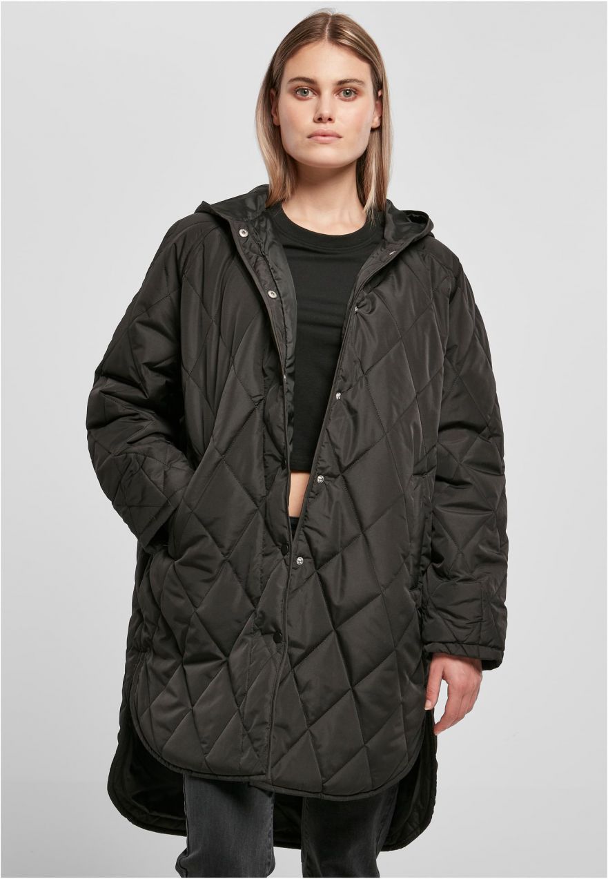 Dámsky oversized diamantový prešívaný kabát s kapucňou čierny