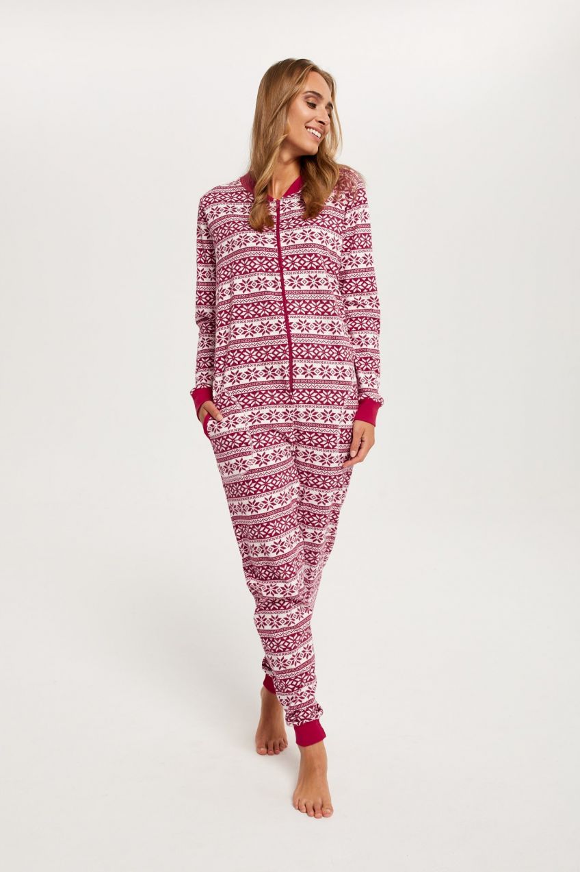 Women's Alaska long-sleeved jumpsuit, long trousers - dark red print