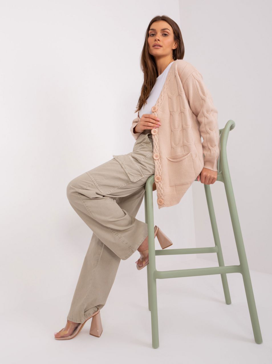 Beige women's cardigan with cotton