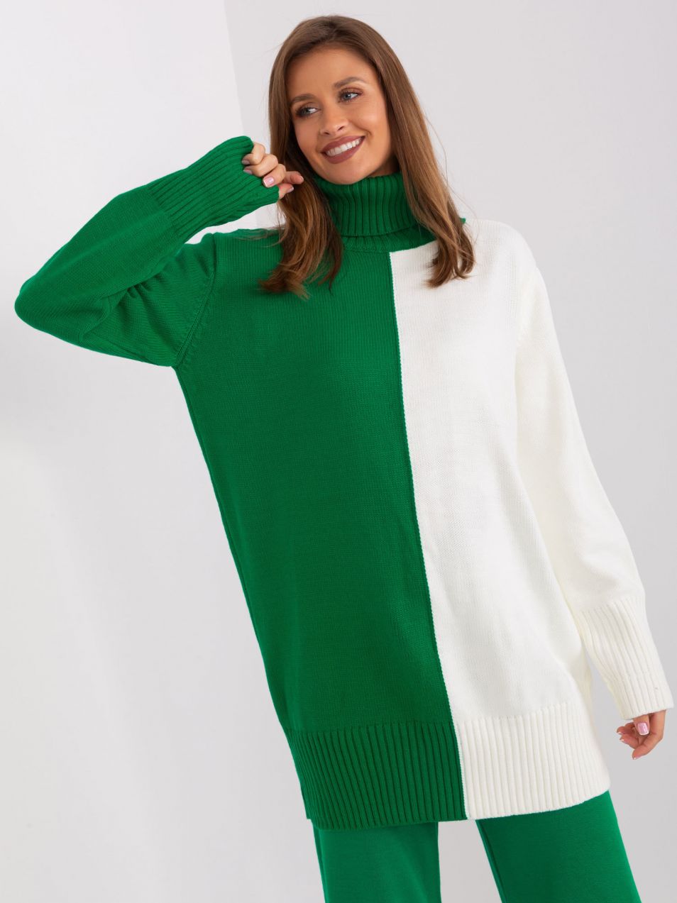 Green and ecru long turtleneck sweater