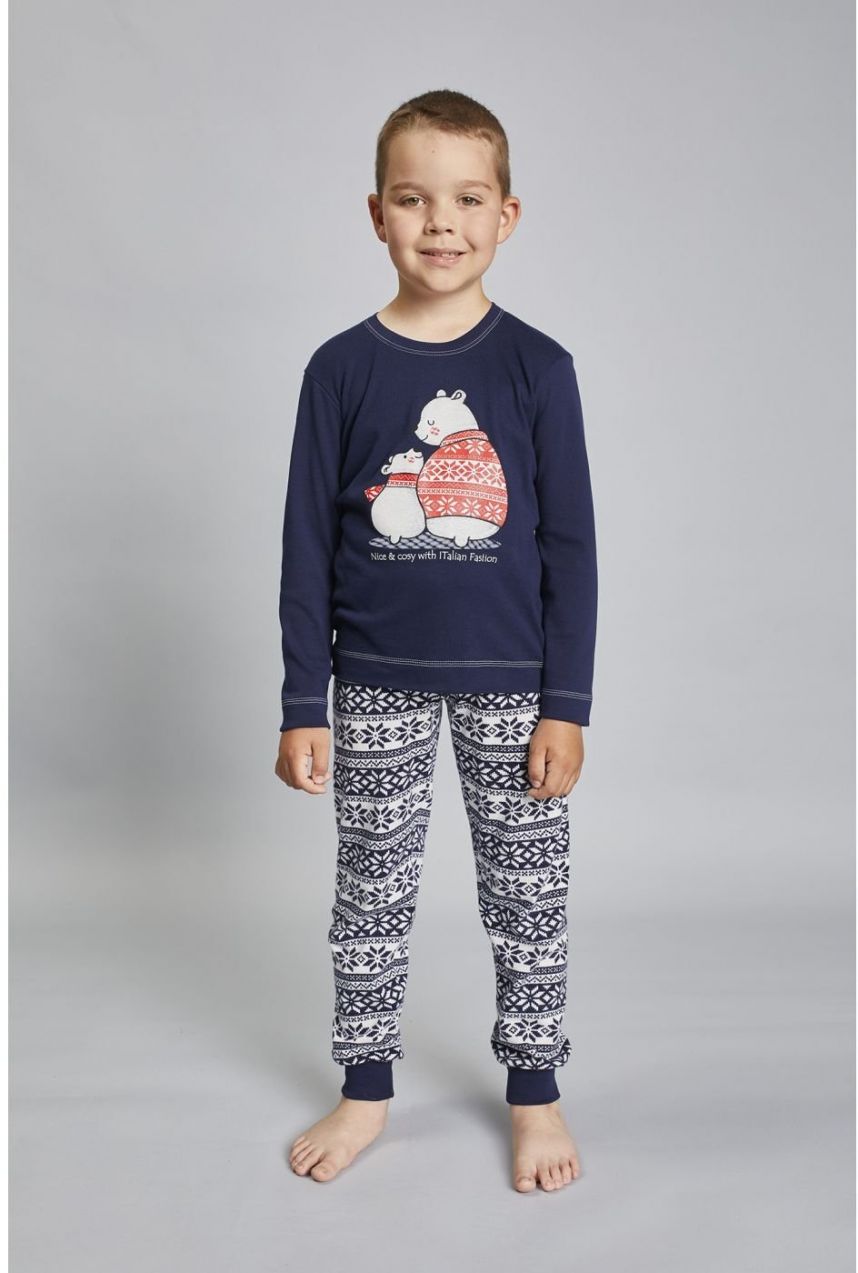 Boys' Arctic pajamas long sleeves, long trousers - navy blue/navy blue print