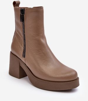 Lemar Littosa Lemar Littosa Dark Beige Leather Ankle Boots with Massive Heels with Zippers