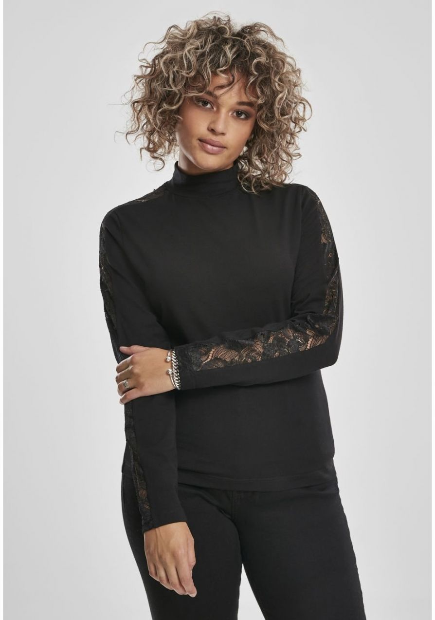 Women's Striped Lace LS Black