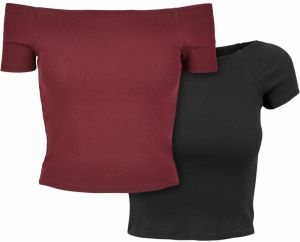 Women's T-Shirt Off Shoulder Rib Tee 2-Pack Redburgundy+Black
