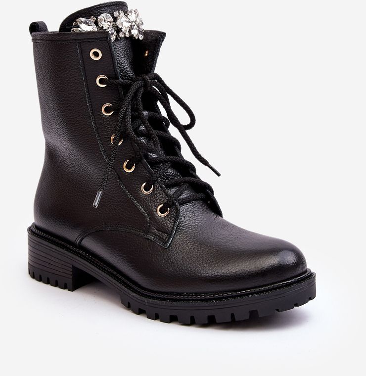Women's leather work ankle boots with Zazoo Black embellishment