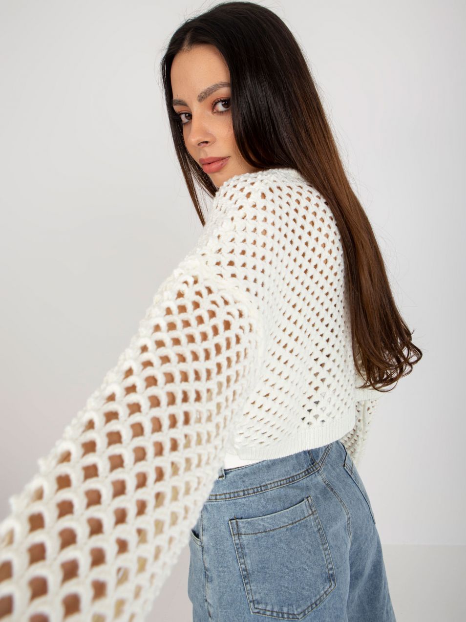 Ecru short summer sweater with openwork pattern