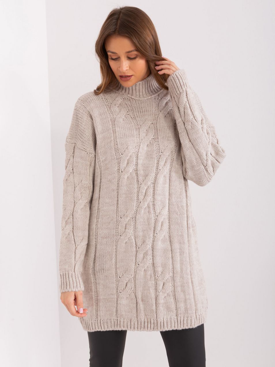 Beige turtleneck dress with cable knit