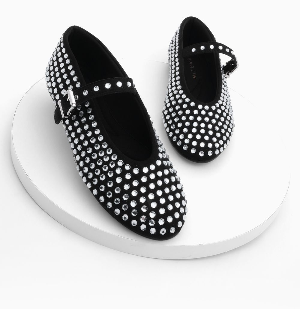 Marjin Women's Helmet Stone Ballerina Shoes Mary Jane Tevila Black