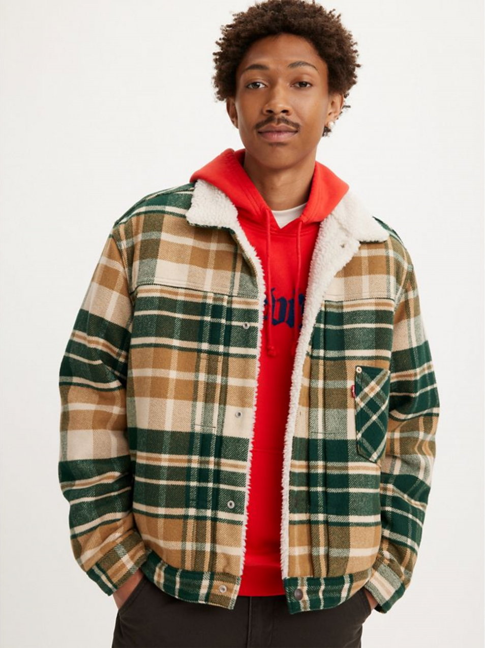Zeleno-hnedá pánska kockovaná bunda s prímesou vlny Levi's® Type 1 Sherpa Trucker