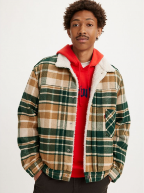 Zeleno-hnedá pánska kockovaná bunda s prímesou vlny Levi's® Type 1 Sherpa Trucker