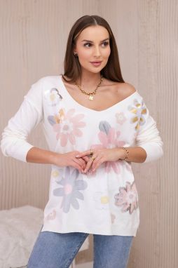 Sweater blouse with colorful flowers pink+gray