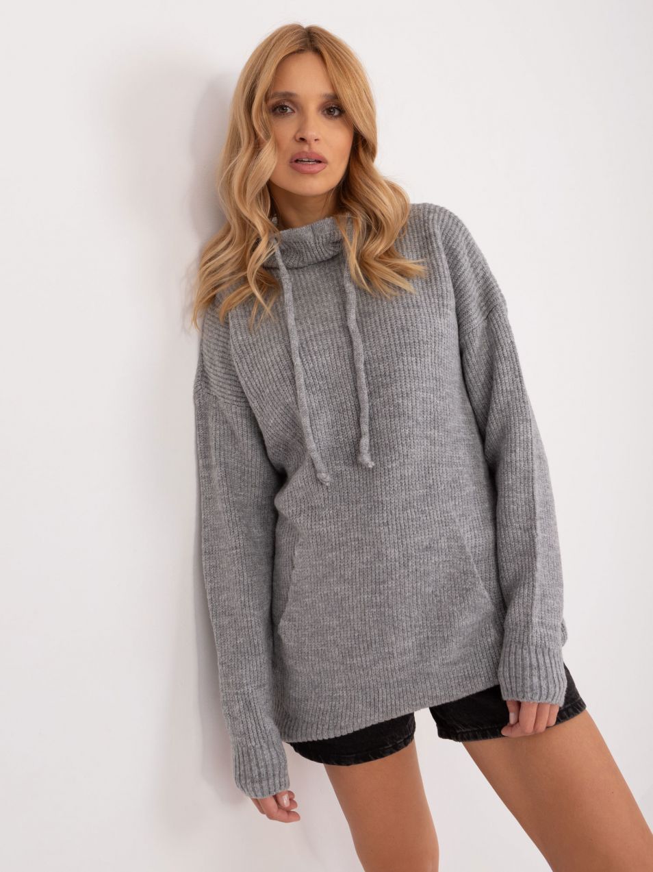 Gray long oversize sweater with drawstrings