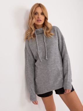 Gray long oversize sweater with drawstrings