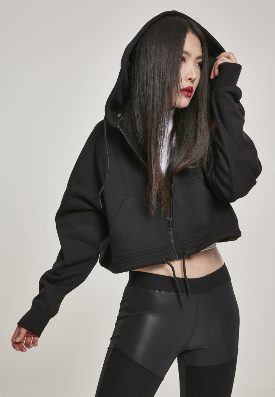 Women's oversized short raglan hoodie with zipper, black