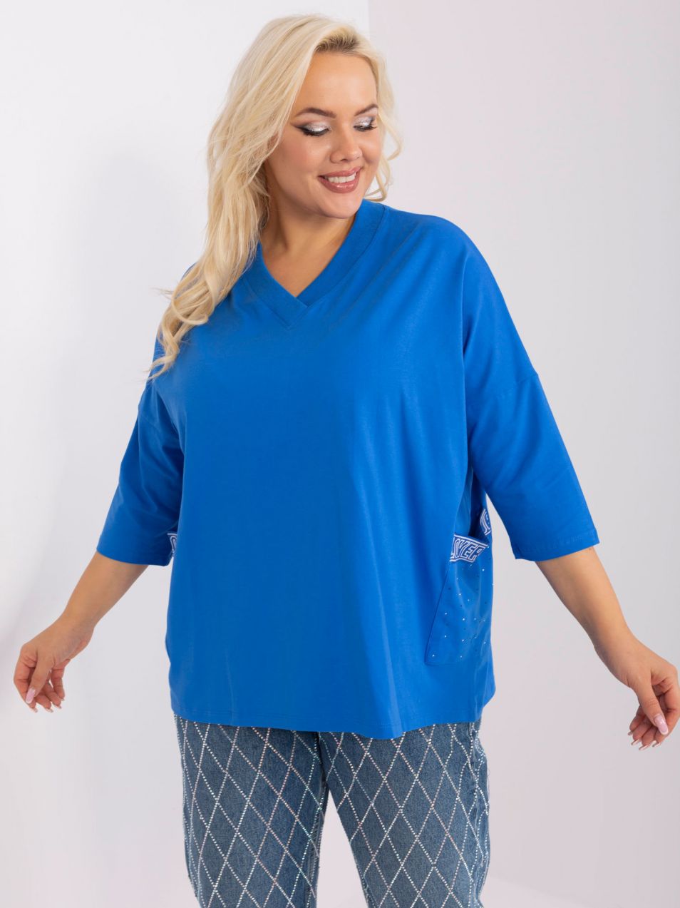 Navy blue women's blouse with pockets and rhinestones