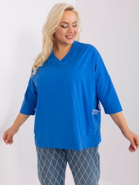 Navy blue women's blouse with pockets and rhinestones