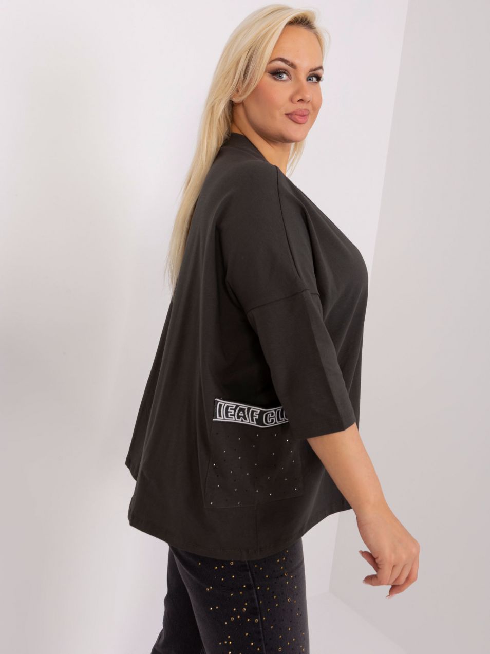 khaki blouse plus size with rhinestone application