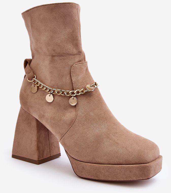 Women's high-heeled ankle boots with chain, beige Tiselo