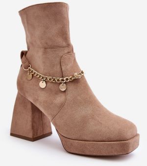Women's high-heeled ankle boots with chain, beige Tiselo