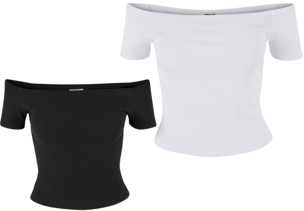 Women's Organic Off Shoulder Rib T-Shirt - 2 Pack Black+White