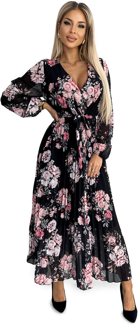 Pleated midi dress with neckline, long sleeves and tie at the waist Numoco