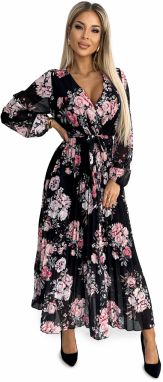 Pleated midi dress with neckline, long sleeves and tie at the waist Numoco