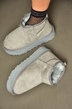 Dámske sivé semišové poltopánky Fox Shoes s hrubou podrážkou a vnútorným kožušinovým lemom