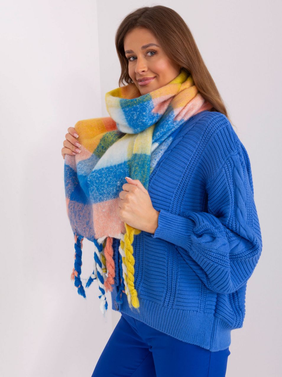 Yellow and blue women's scarf with colorful fringes