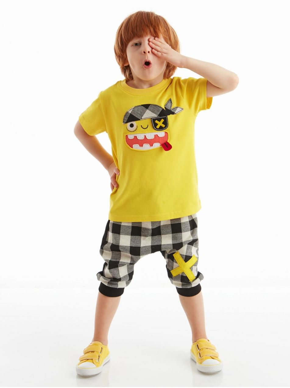 Súprava chlapčenského trička a kapri šortiek Denokids Pirate Plaid
