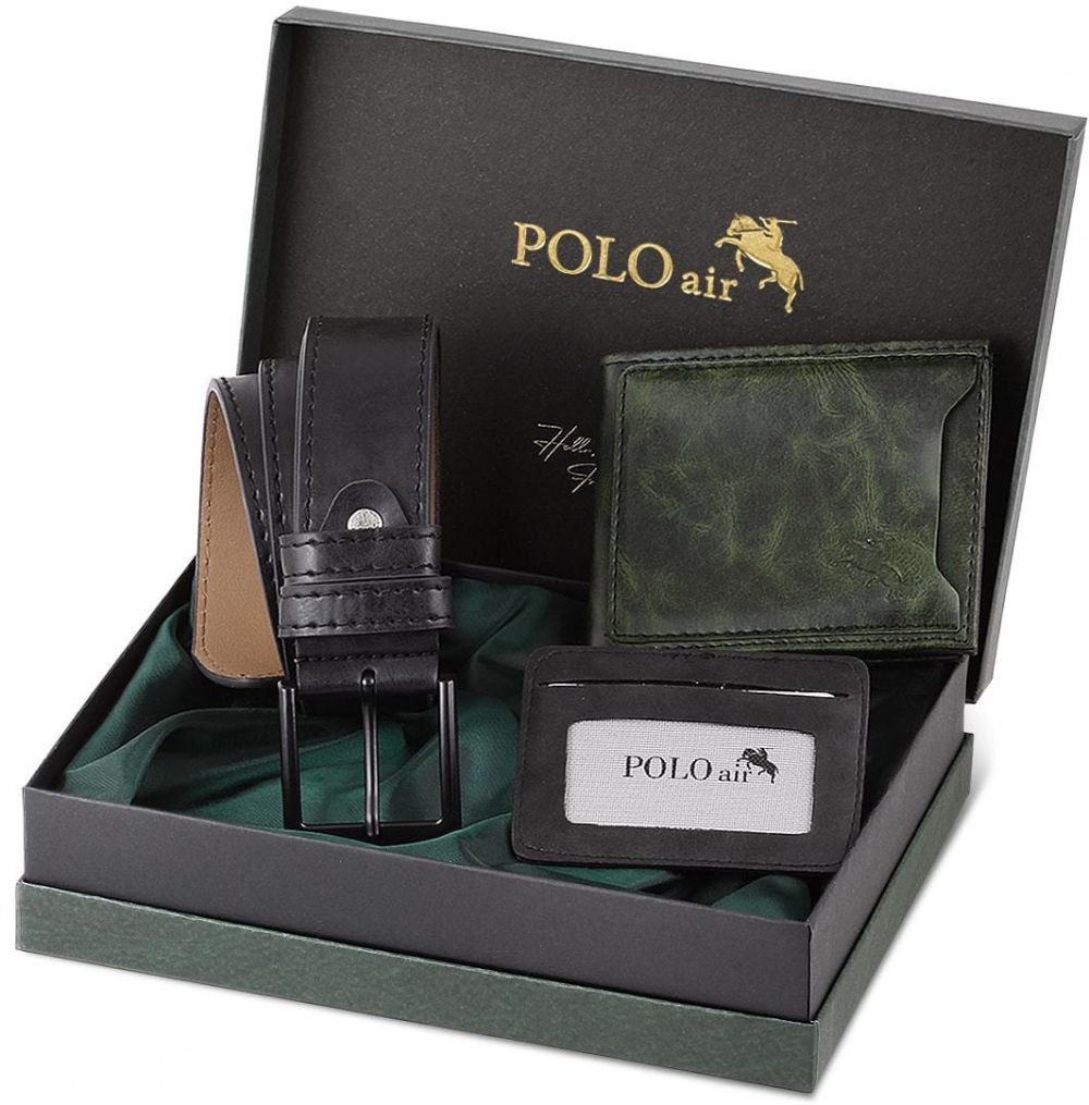 Polo Air Boxed Men's Sports Wallet Belt Card Holder Set Khaki Green