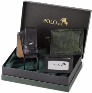Polo Air Boxed Men's Sports Wallet Belt Card Holder Set Khaki Green