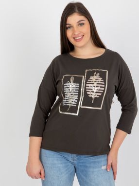Cotton khaki blouse of larger size with 3/4 sleeves