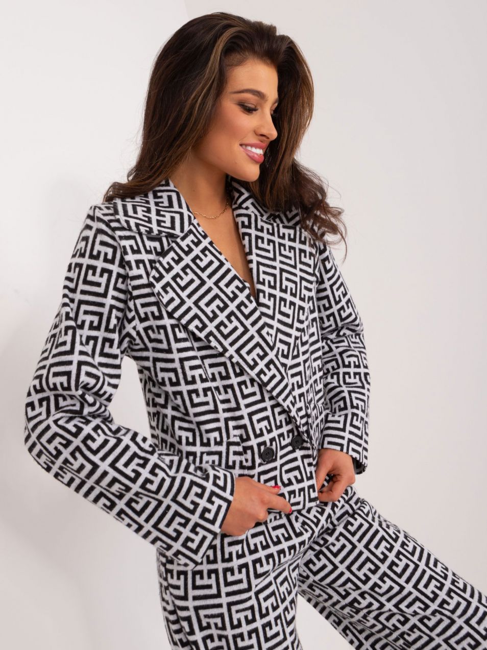 Grey-black double-breasted blazer with geometric pattern