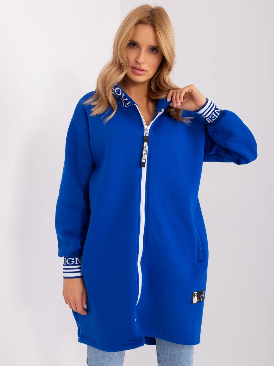 Cobalt blue zip-up sweatshirt with insulation