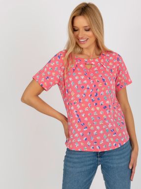 Blouse with coral print and round neckline