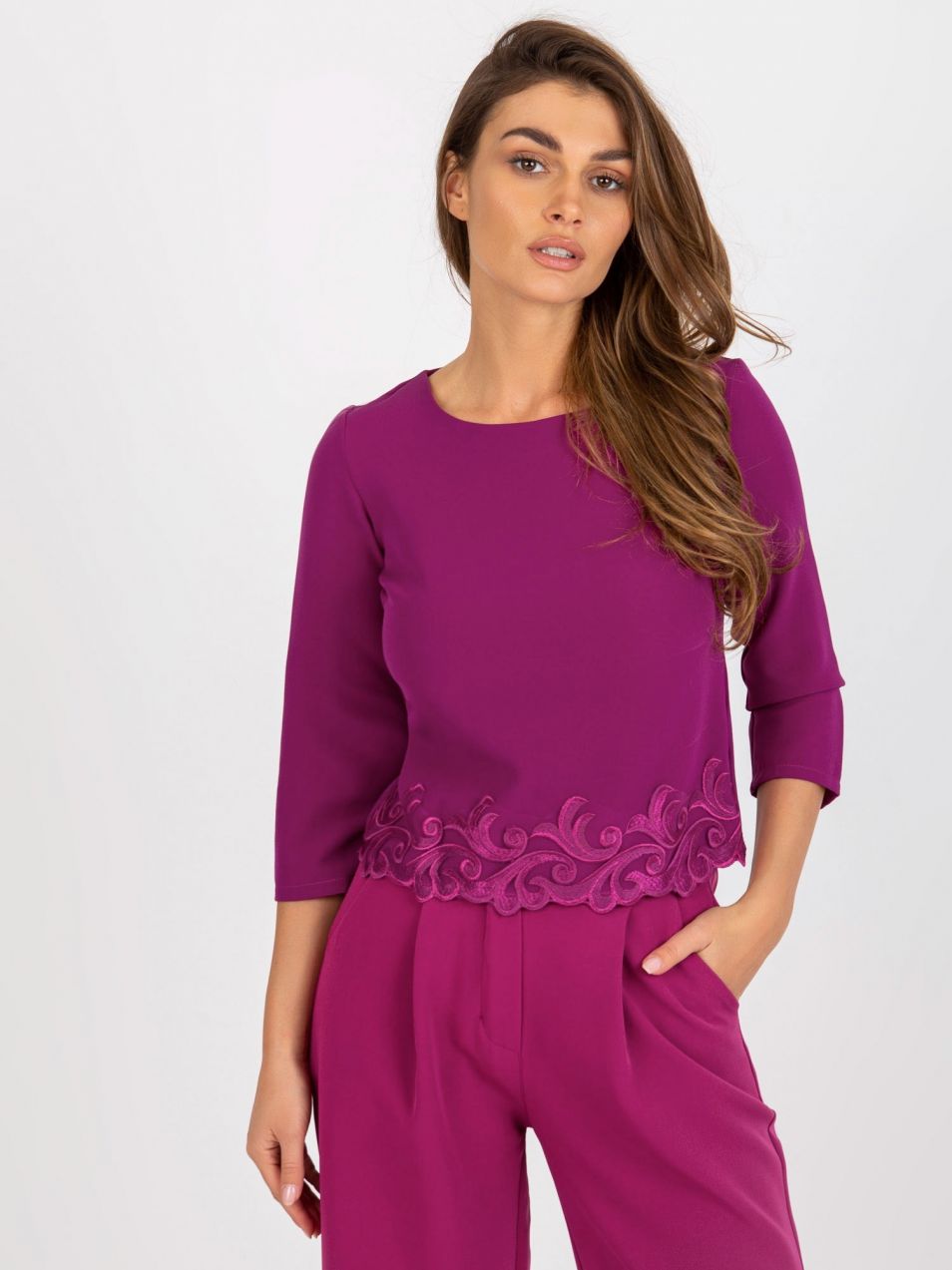 Purple short formal blouse with 3/4 sleeves