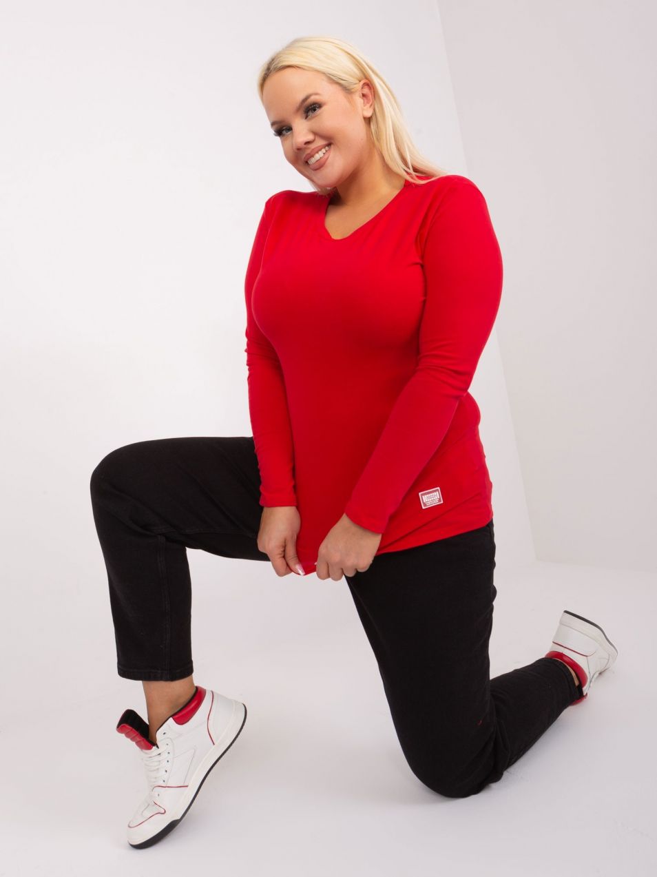 Red blouse plus sizes with a round neckline