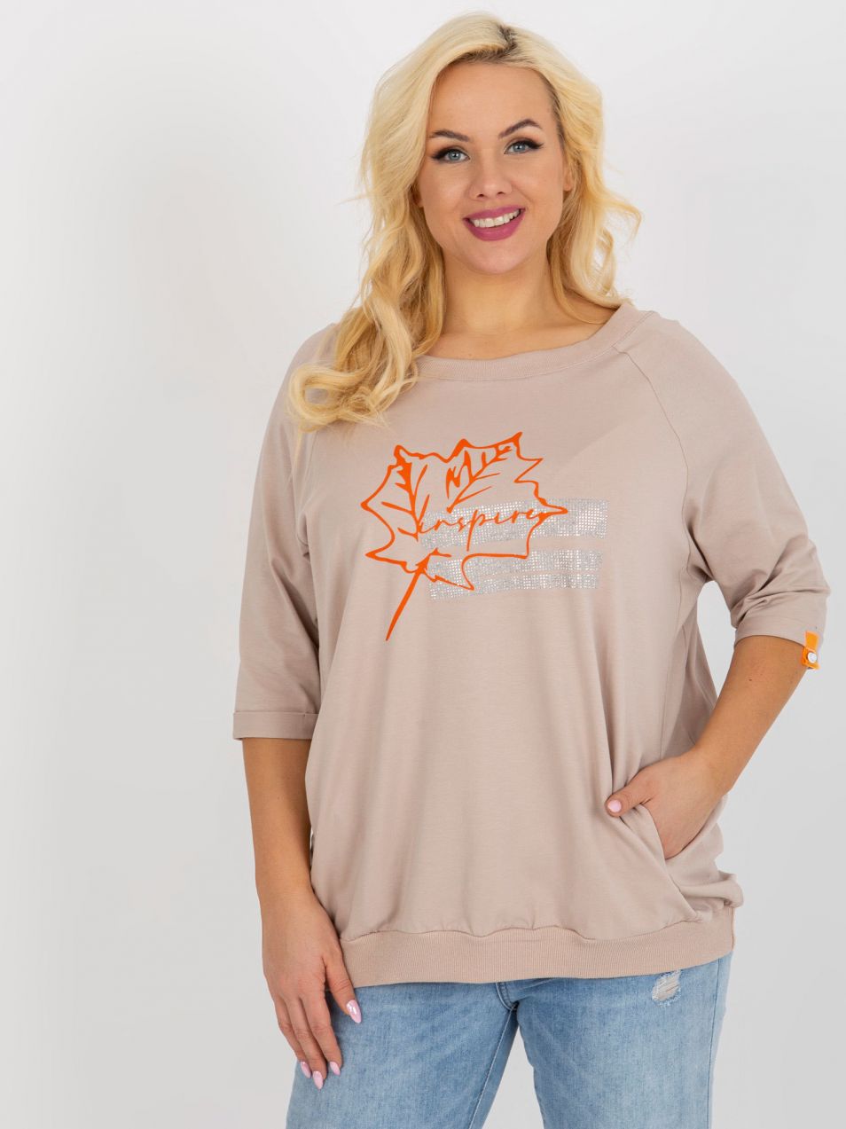 Beige casual blouse of larger size with pockets