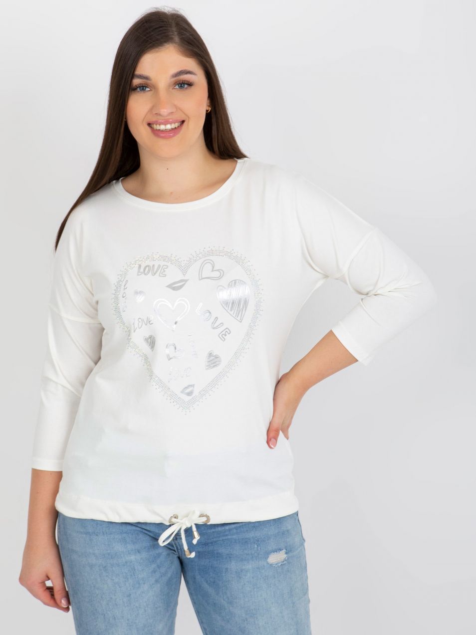 Ecru blouse plus size with application of rhinestones