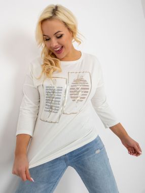 Ecru women's blouse of larger size with rhinestone application