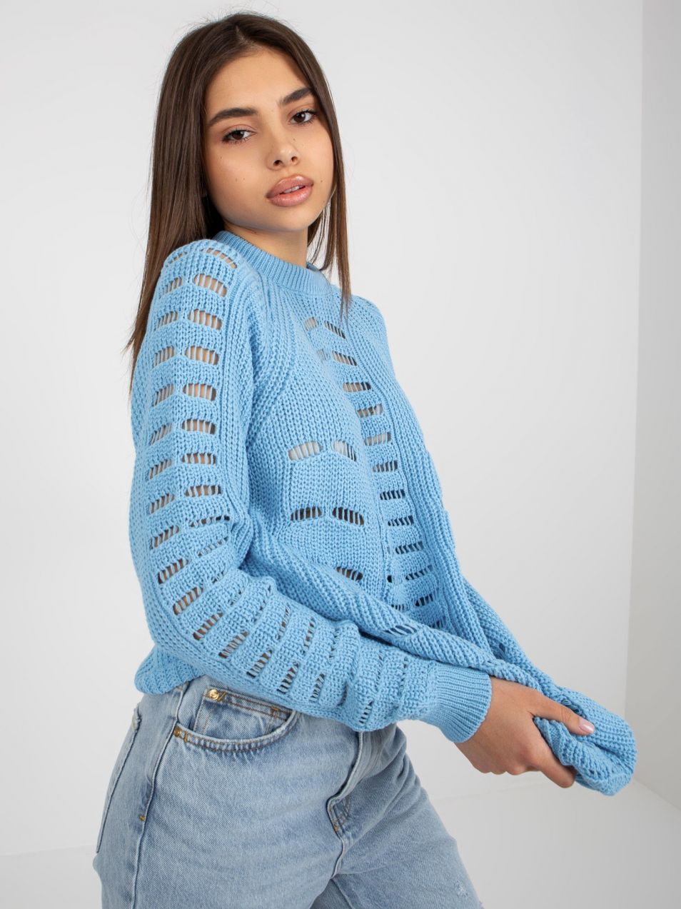 Light blue openwork oversize sweater with wool